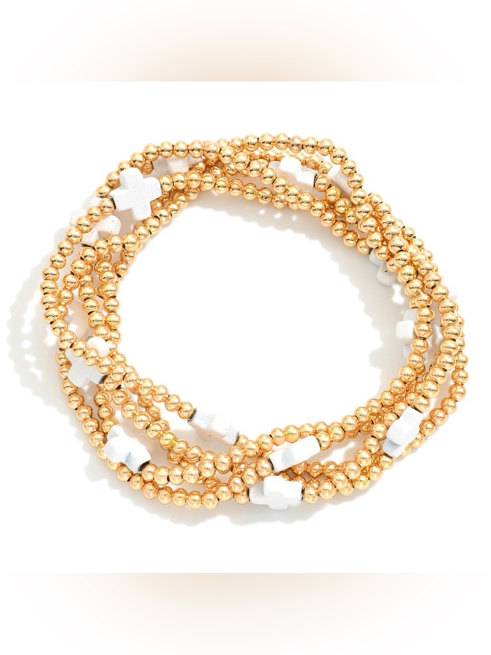 Gold Beaded Stretch Bracelet with White Cross Accents